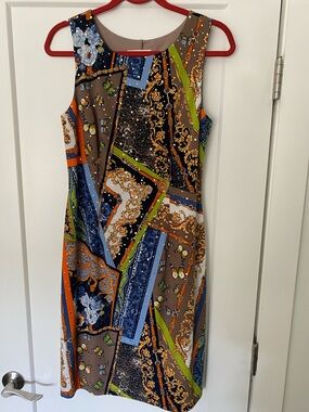 Joseph Ribkoff Sleeveless Patchwork Midi Dress in Brown, Blue, Orange and Green